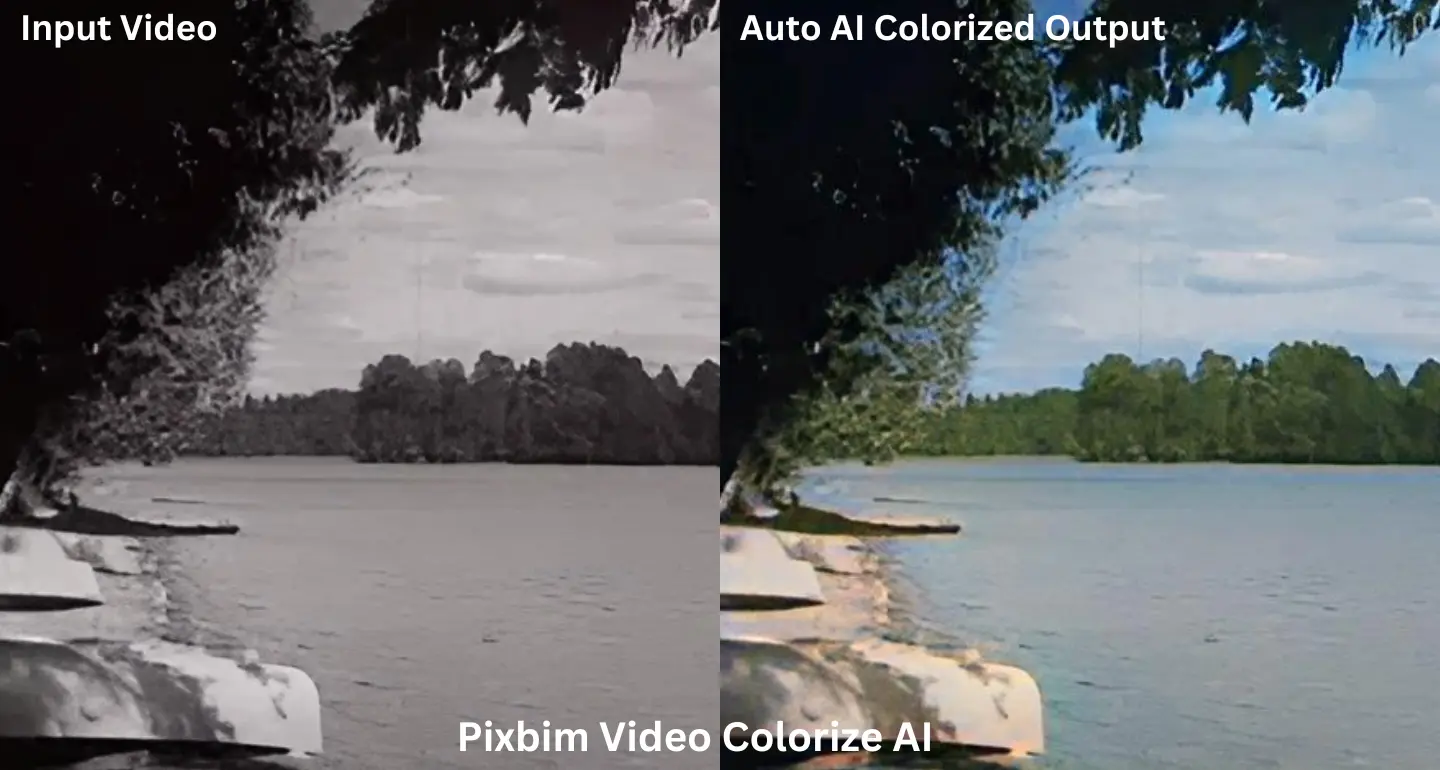 Side-by-side comparison screenshot displaying a black and white video frame alongside its auto-colorized output by Pixbim Video Colorize AI